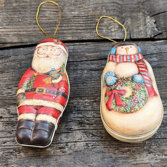 Vintage Set of 2 RUSS BERRIE & Co Christmas Candy Tin Ornament Snowman and Santa - Picture 2 of 8